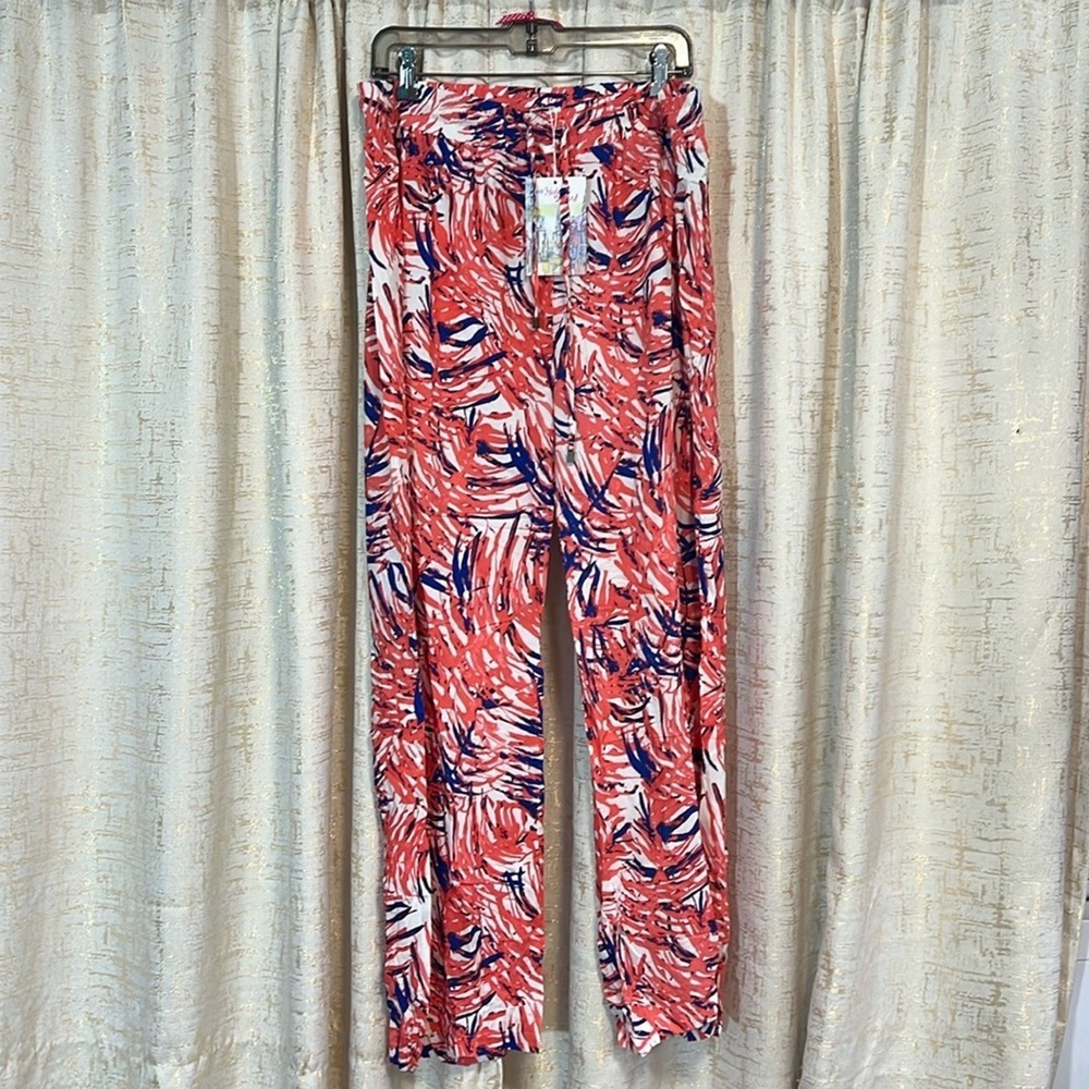 Hester & Orchard Wide Leg Pants Women's XL Coral Navy Blue New Tropical Vacation